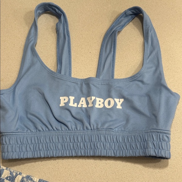 NWOT PLAYBOY Light Blue Sports Bra and Logo Shorts - Picture 2 of 6
